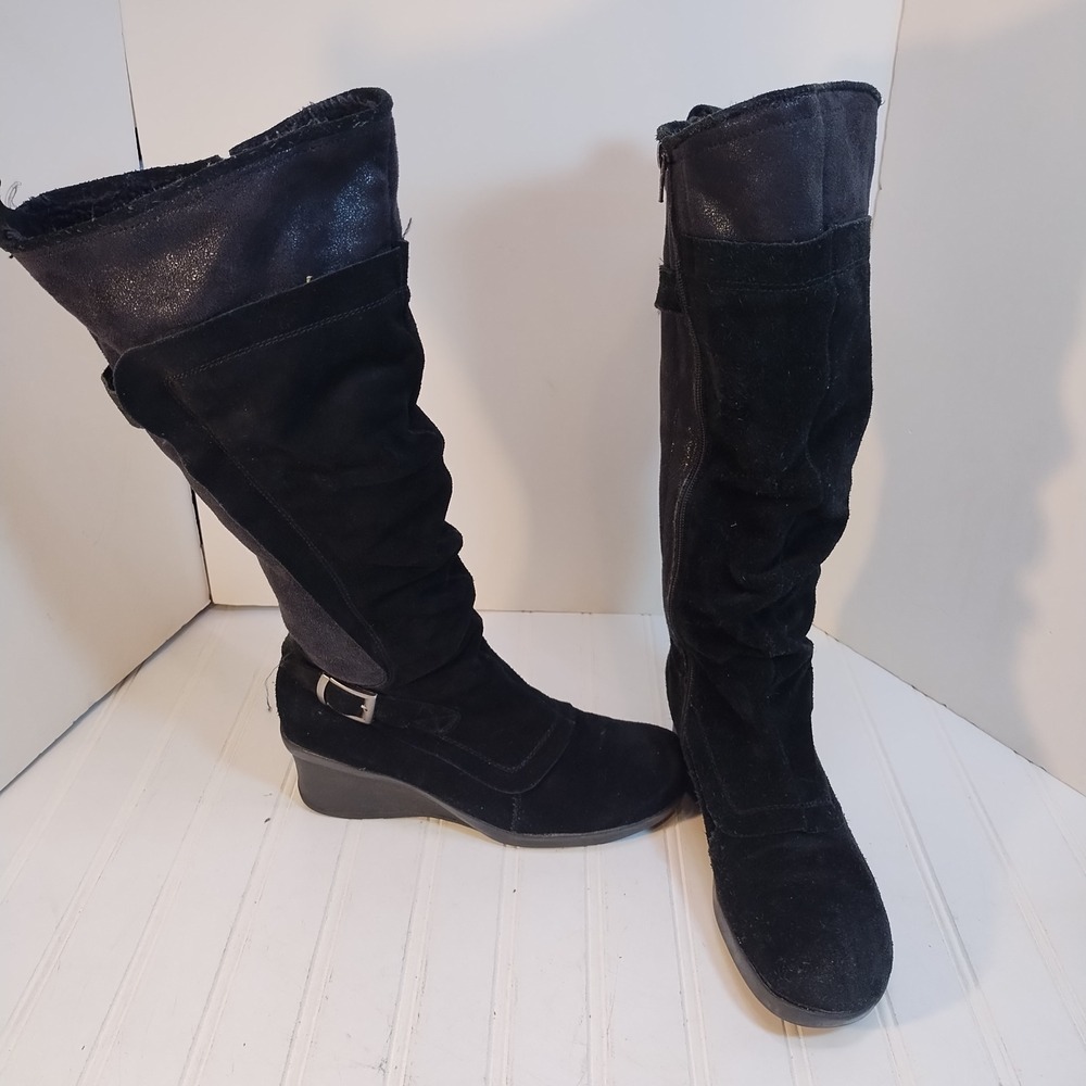 Liz & Co Tall Slouch Wedge Boots Buckle Faux Fur Trim Black Suede Womens 9M Blk